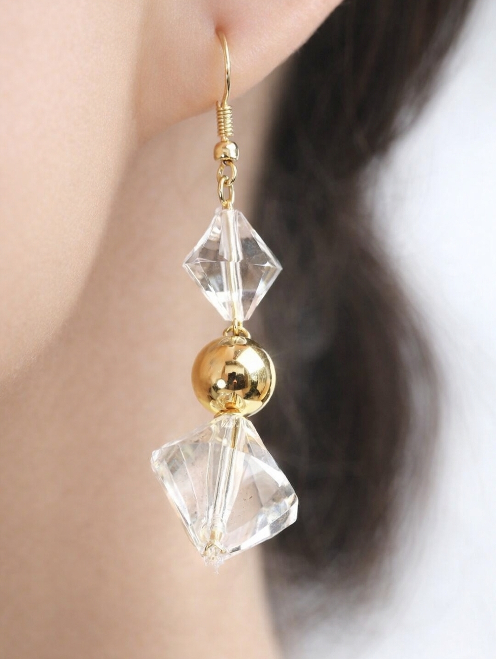 Clear Bead Drop Earrings w/ Gold tone Accent Modern Statement Dangle - Jewelry